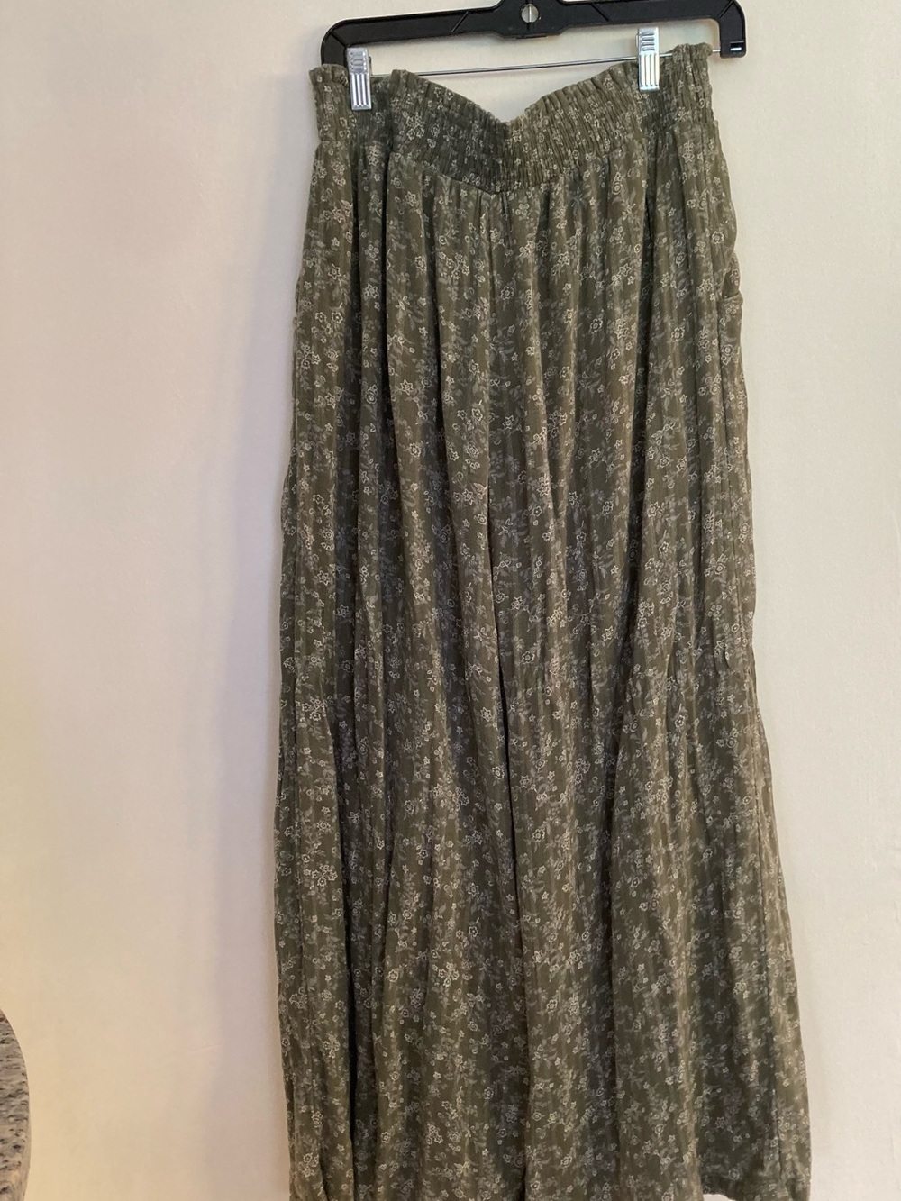Womens Olive Floral Smocked Waist wide leg pants